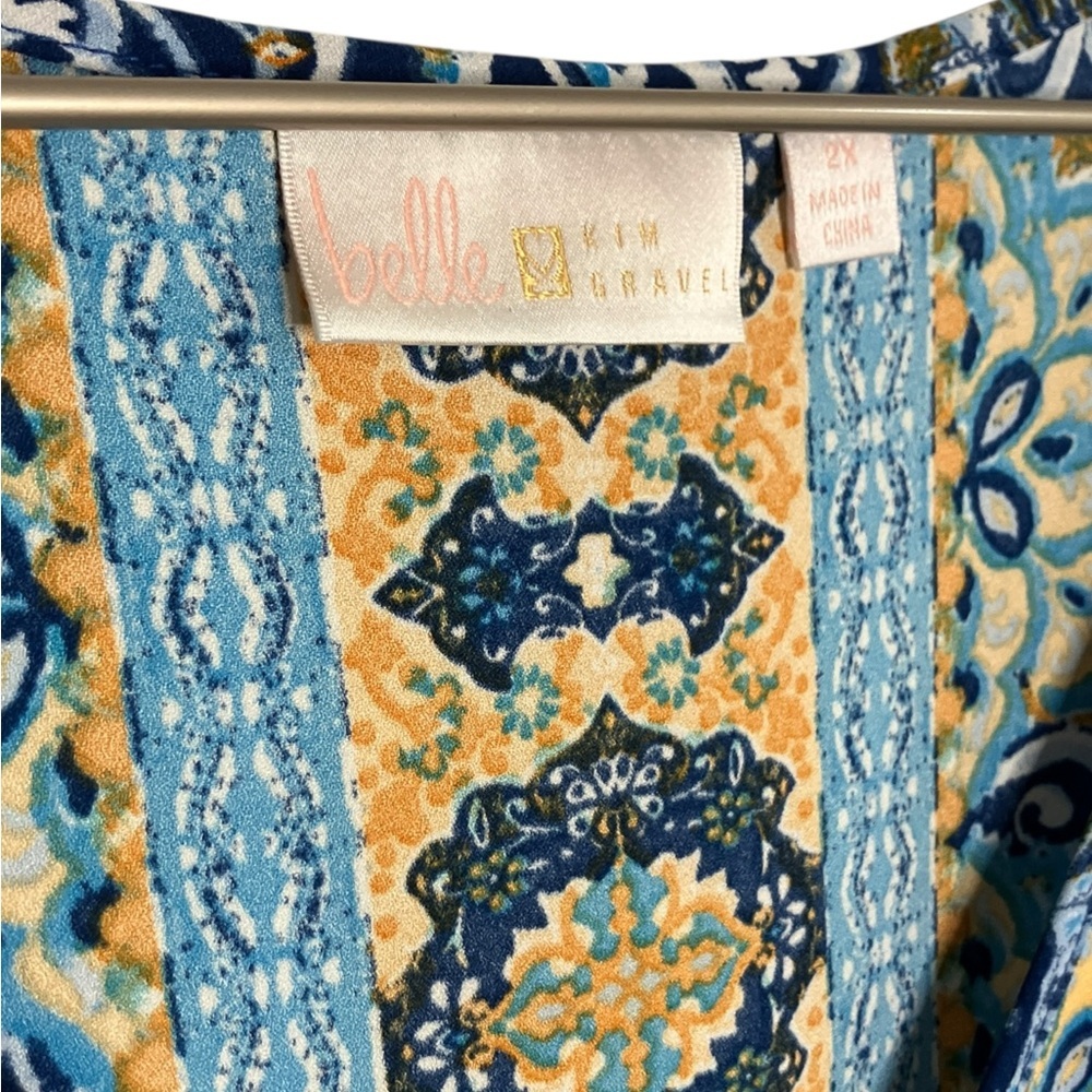 Belle by Kim Gravel Medallion Ruched-Sleeve Blouse Boho Artsy Popover Blue 2X - Picture 5 of 7